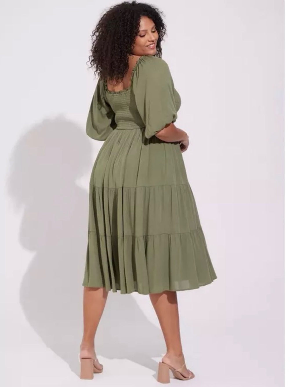 Torrid 3 green smocked midi dress 3x tiered flowy summer fall 3xl
